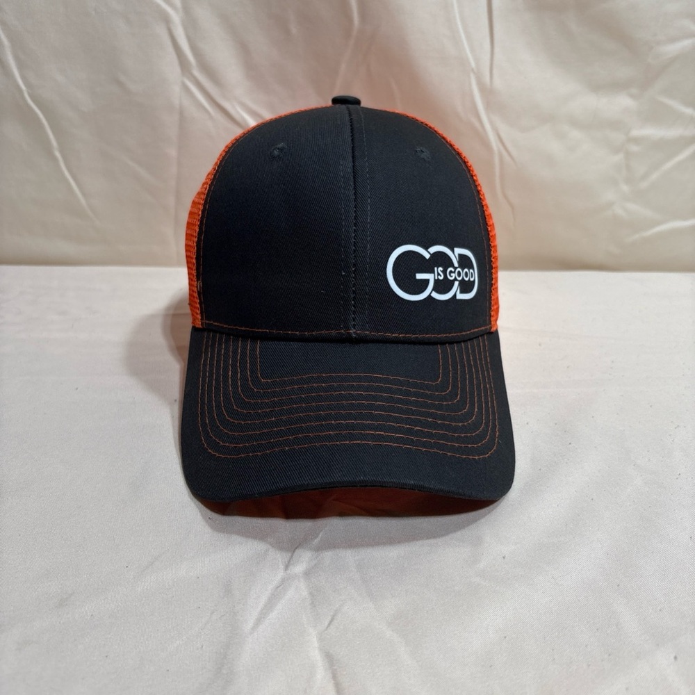 GOD IS GOOD Black/Orange  Baseball Hat with Mesh Back Adjustable Back